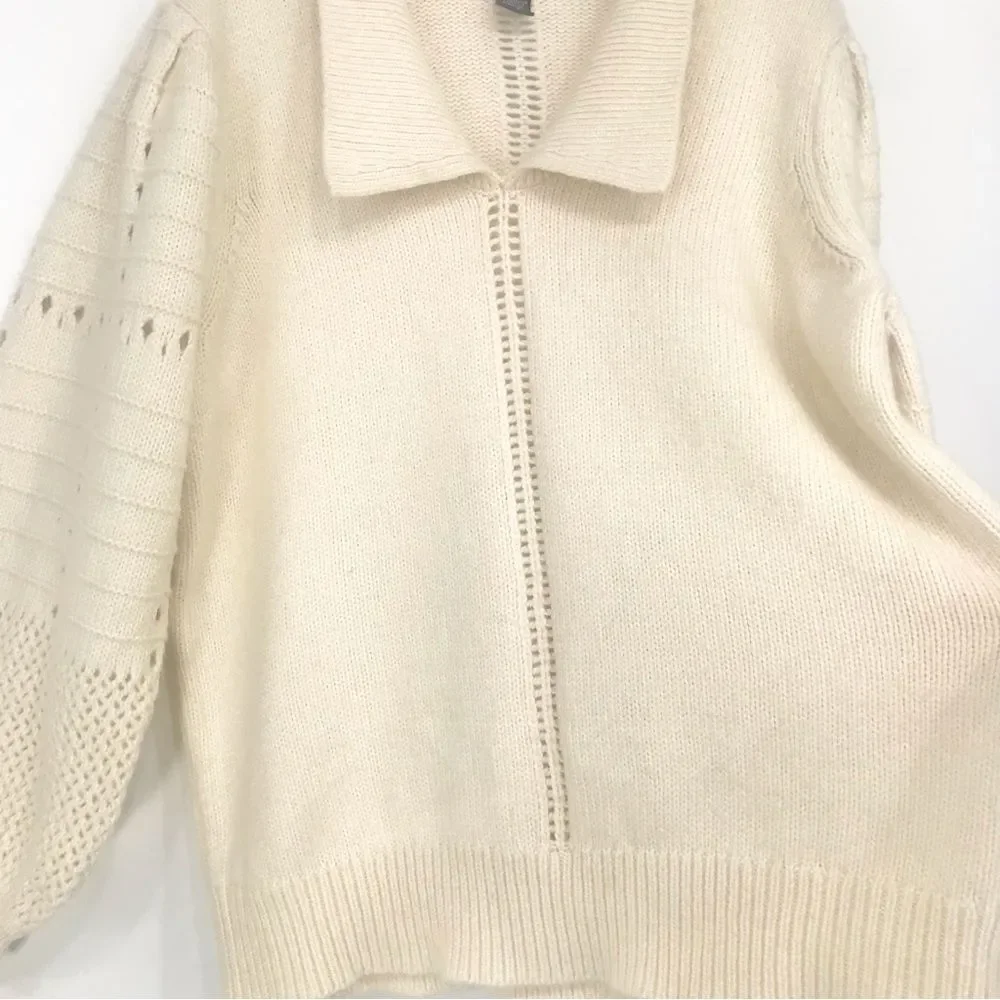 Design 365 Cream Cozy Puff Sleeve Collared Pullover Thick Knit Sweater